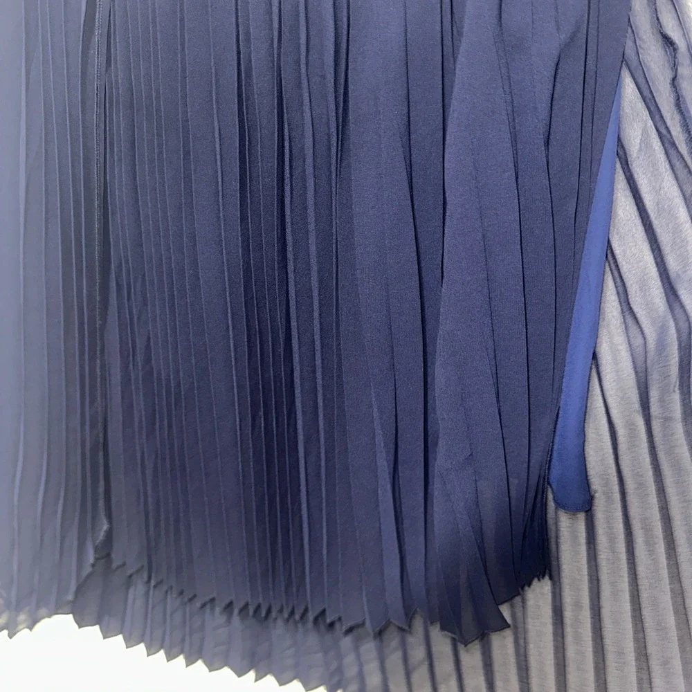 Pleione Asymmetrical Pleated Midi Skirt Black Sheer Overlay Size S Navy Pull‎ On